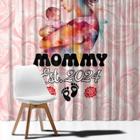 Pink window curtain with “Mommy” and “2024” text, floral and paw print graphics.
