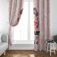 Pink window curtain panels with “Mommy Est. 2024” print and rose and paw icons.