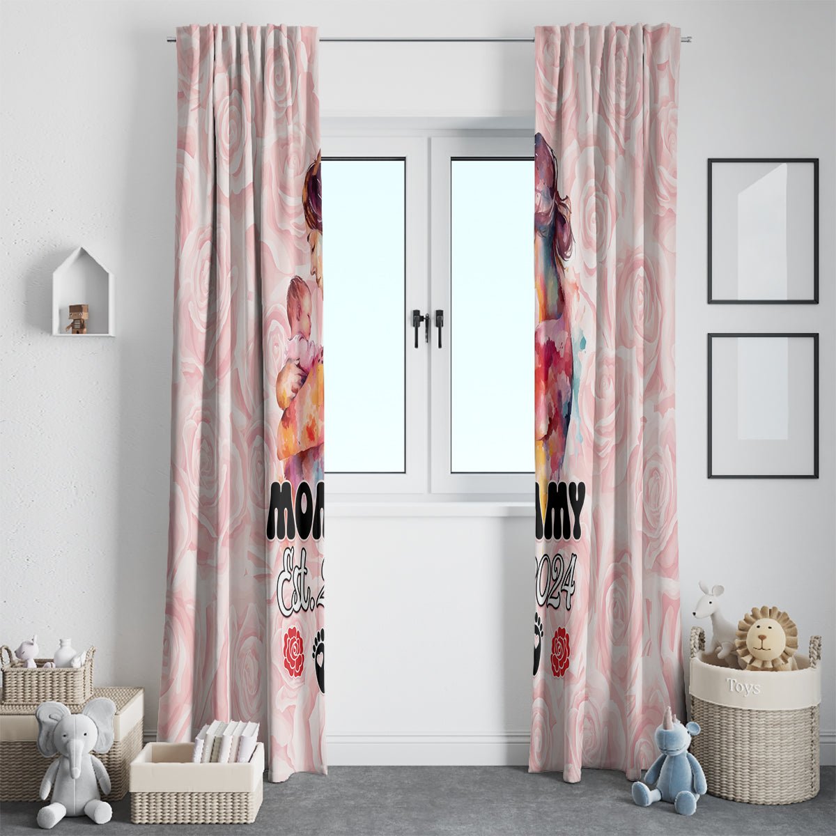 Pink window curtains with “Mommy” lettering and “2024” date, rose and paw design.