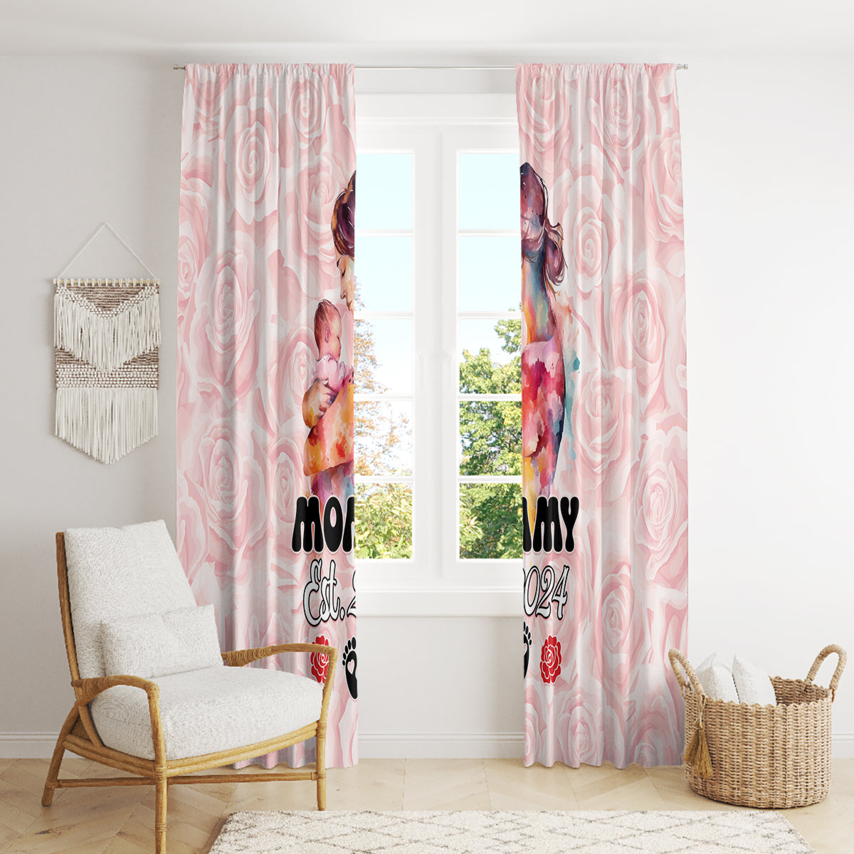 Pink window curtain panels featuring “Mommy Est. 2024” text with roses and paw prints.