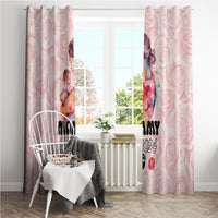 Pink window curtain with “Mommy Est. 2024” text and floral rose with paw graphic.