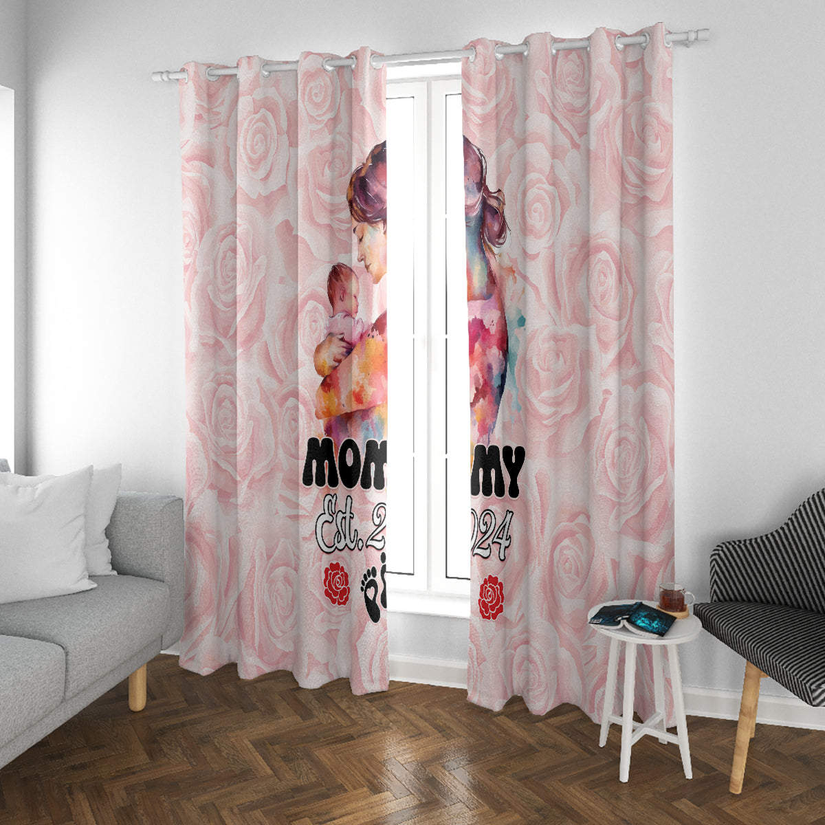 Pink window curtains with “Mommy” and “2024” text, plus rose and paw print accents.