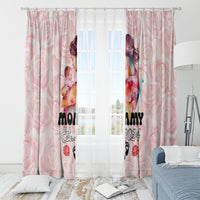 Pink grommet window curtain set with “Mommy Est. 2024” print and paw and rose icons.