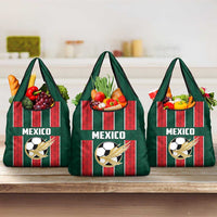 Three green Mexico-themed reusable grocery tote bags with Mexico print and soccer emblem