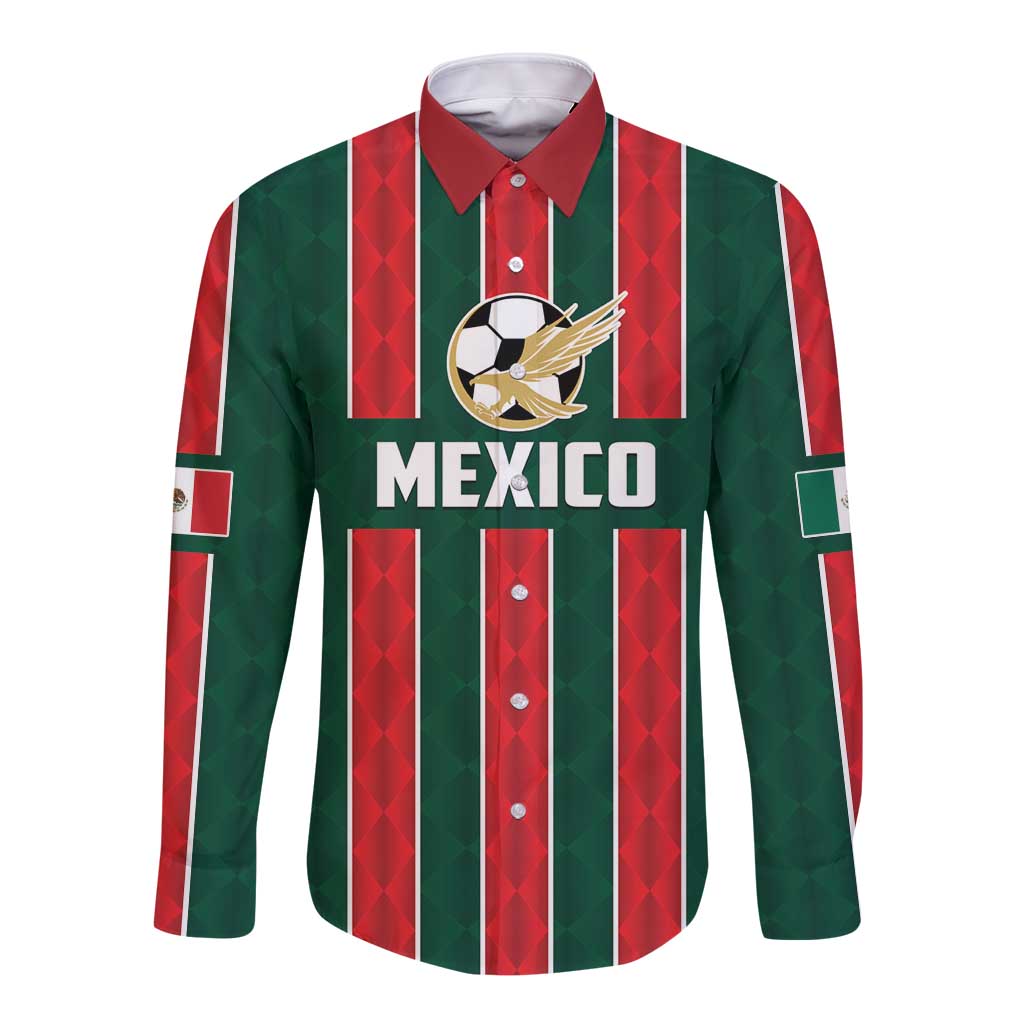 Green long-sleeve football button shirt with red vertical stripes, Mexico emblem and crest