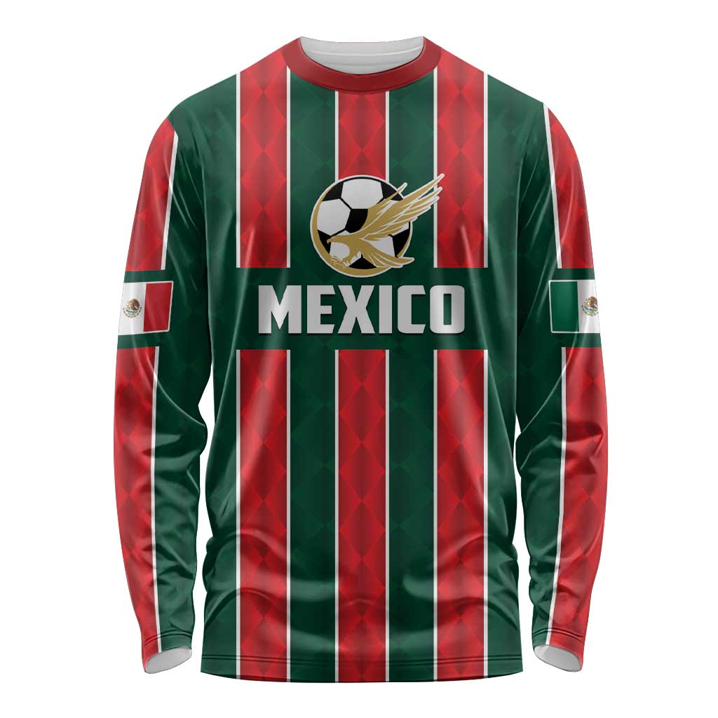 Green football jersey with red vertical stripes, Mexico text, and soccer crest