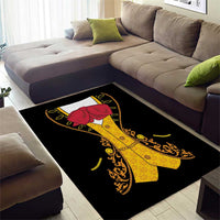 Black area rug with stylized mariachi charro suit, red jacket, yellow pants, gold trim