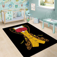 Black area rug showing stylized mariachi charro suit in yellow and red with gold scrollwork