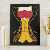 Framed black canvas wall art of a yellow charro suit with red bow and gold details
