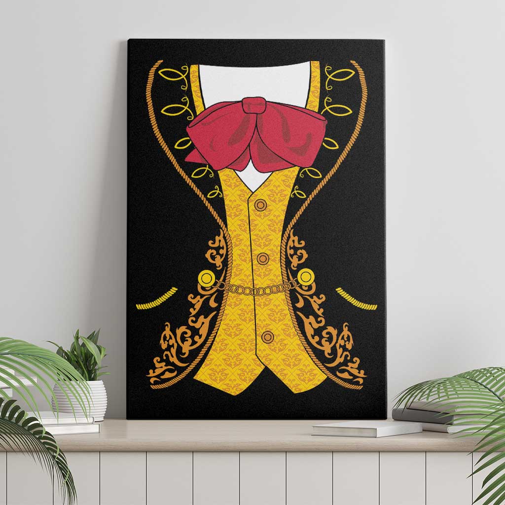 Framed black canvas wall art showing a yellow charro suit with red bow and ornate gold trim