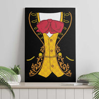 Framed black canvas wall art showing a yellow charro suit with red bow and ornate gold trim
