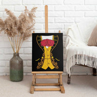Canvas wall art on easel featuring a yellow charro suit with red bow and gold swirls