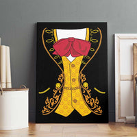 Framed black canvas wall art of a yellow charro suit with red hat and gold decorative patterns