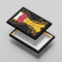 Black canvas wall art with frame showing yellow charro suit front and red bow detail