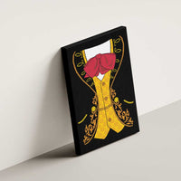 Framed black canvas wall art featuring a yellow charro suit with red bow and gold filigree