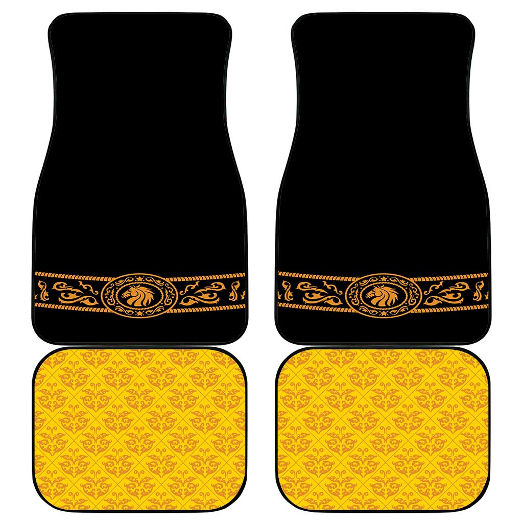 Car floor mats set of four: black and yellow mats with gold ornate border