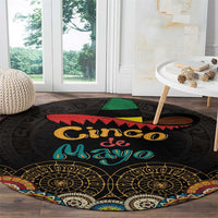 Black round carpet with sombrero graphic and 'Cinco de Mayo' lettering, decorative fan pattern