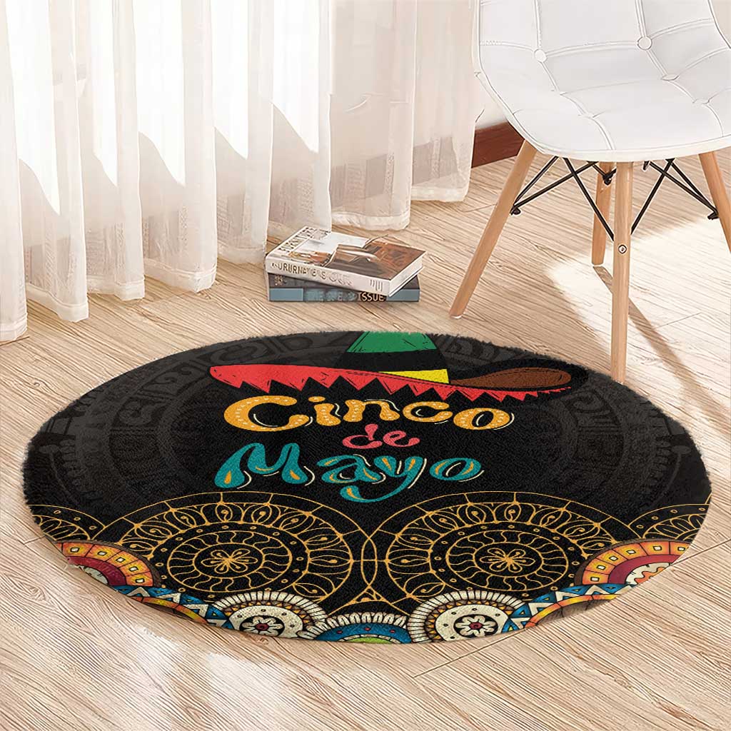 Black round carpet with sombrero graphic and 'Cinco de Mayo' lettering, colorful border