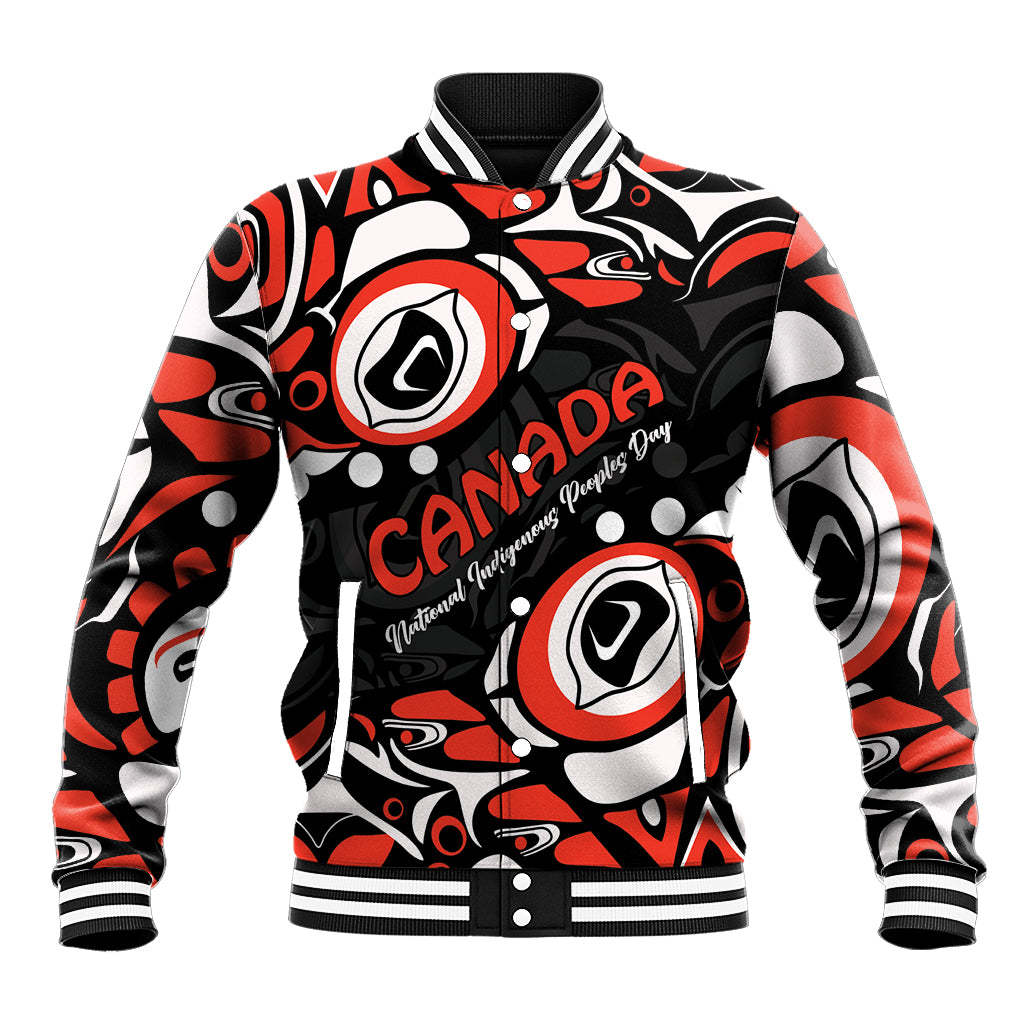 Unisex black baseball jacket with red/white Haida-style print, snap front and ribbed collar
