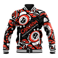 Unisex black baseball jacket with red/white Haida-style print, snap front and ribbed collar