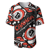 Black baseball jersey with red and white circular Haida pattern and Canada Day lettering