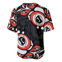 Black baseball jersey with red and white circular Haida pattern, back view