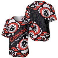 Black baseball jersey with red and white circular Haida pattern, front and back views