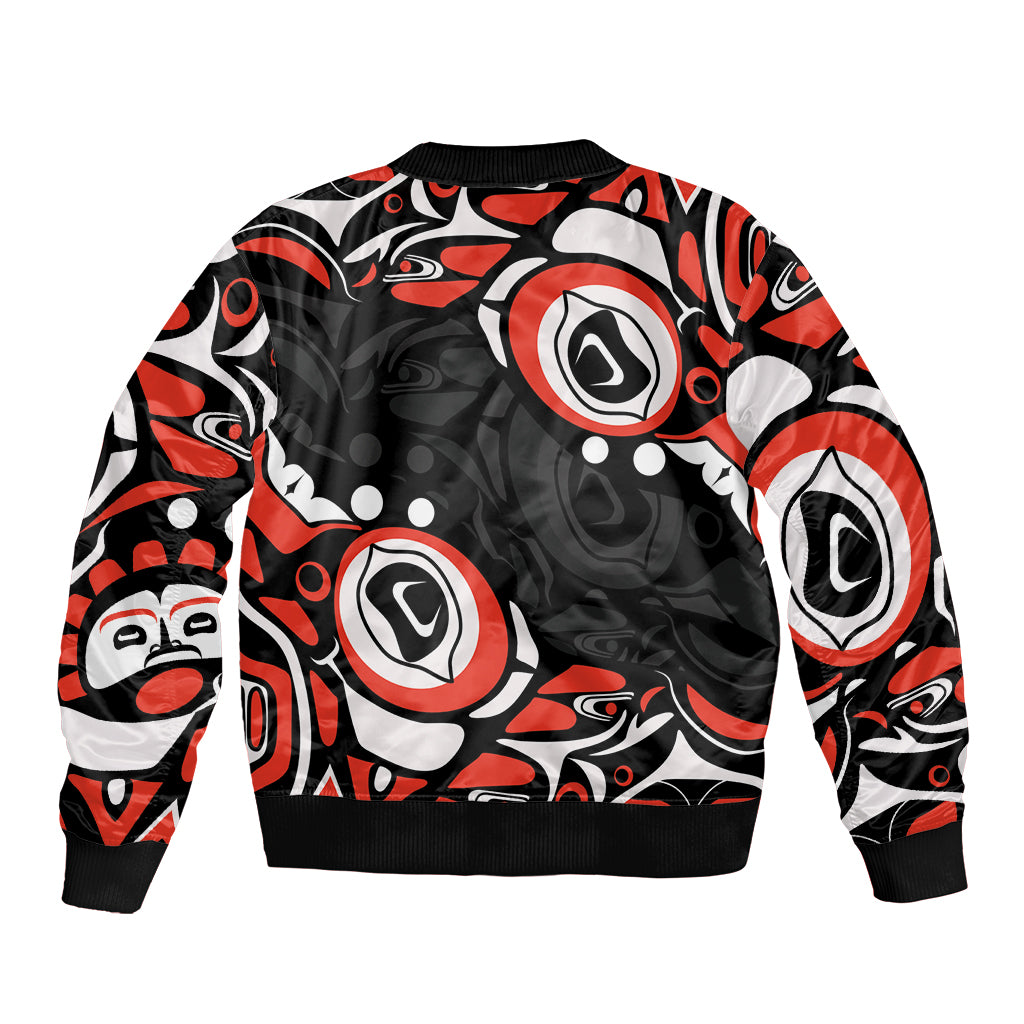 Unisex bomber jacket with red and white Haida-style circle pattern, ribbed hem and cuffs
