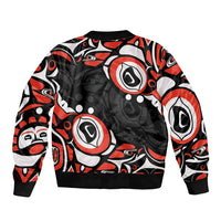 Unisex bomber jacket with red and white Haida-style circle pattern, ribbed hem and cuffs