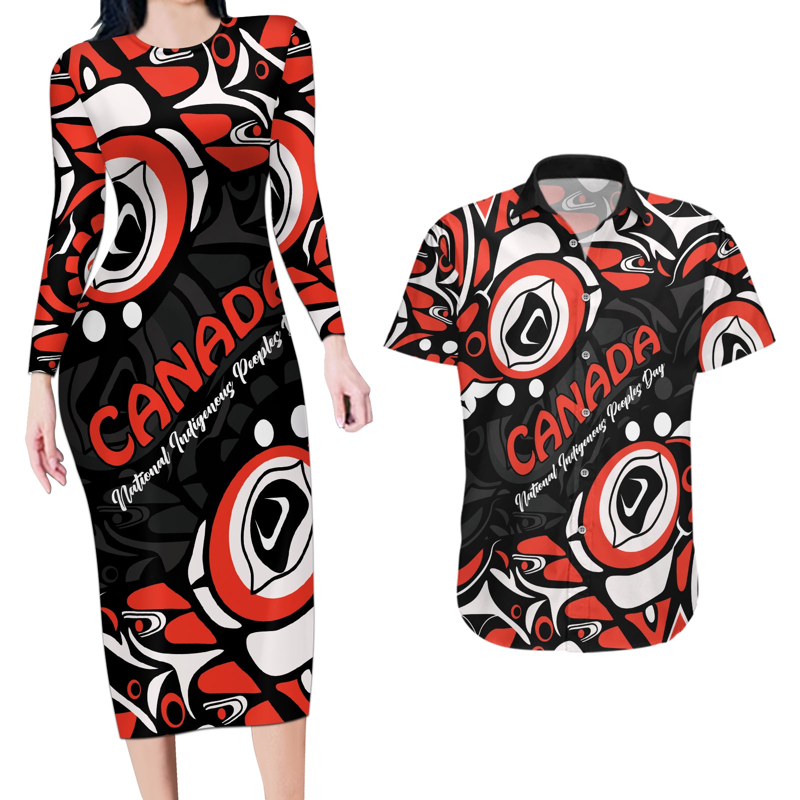 Canada National Indigenous Peoples Day 2024 Couples Matching Long Sleeve Bodycon Dress and Hawaiian Shirt Haida Pattern - Wonder Print Shop