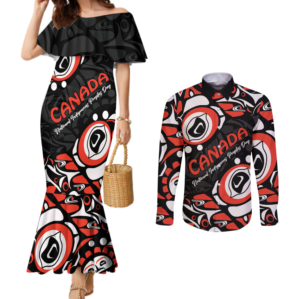 Canada National Indigenous Peoples Day 2024 Couples Matching Mermaid Dress and Long Sleeve Button Shirt Haida Pattern