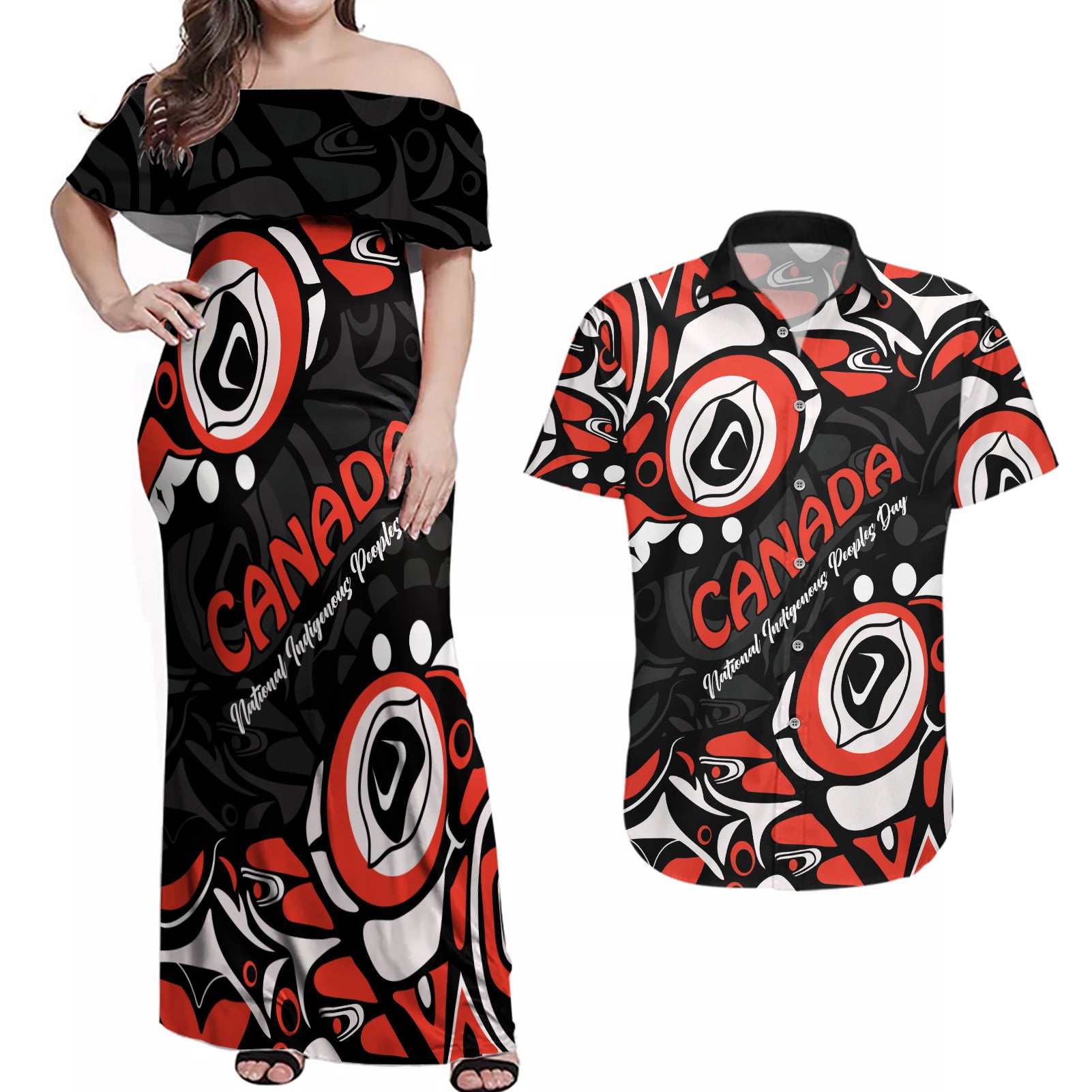 Canada National Indigenous Peoples Day 2024 Couples Matching Off Shoulder Maxi Dress and Hawaiian Shirt Haida Pattern - Wonder Print Shop