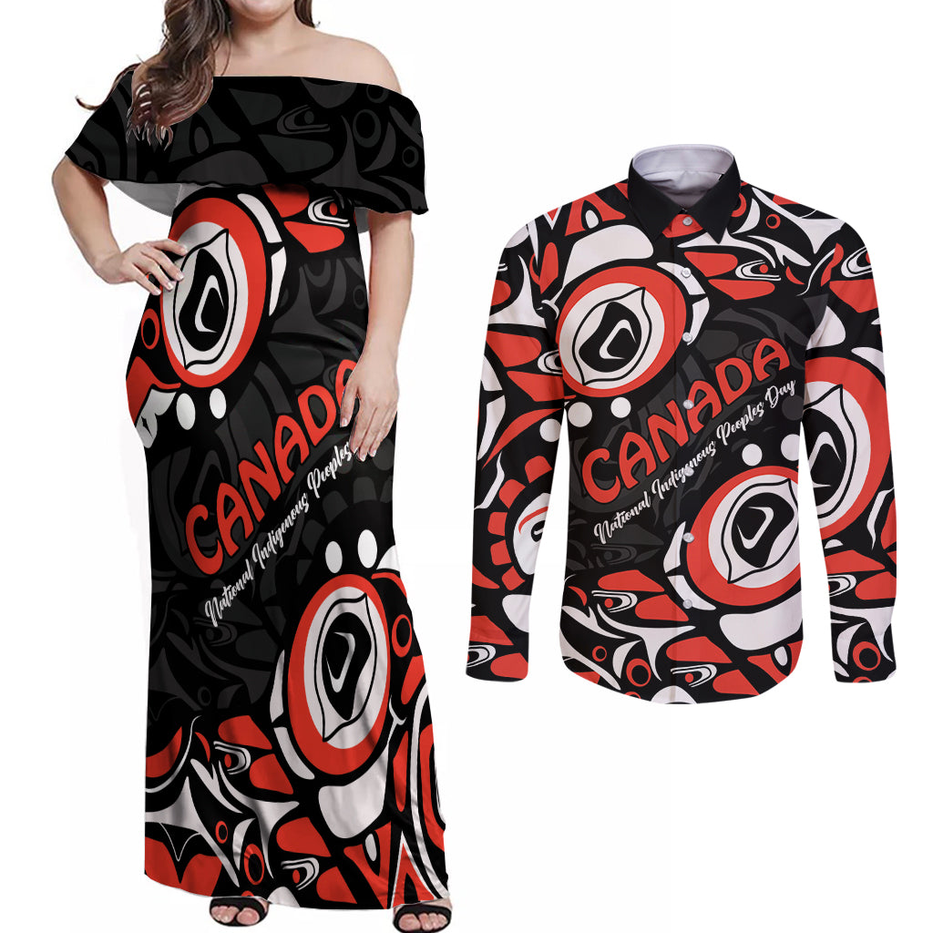 Canada National Indigenous Peoples Day 2024 Couples Matching Off Shoulder Maxi Dress and Long Sleeve Button Shirt Haida Pattern - Wonder Print Shop