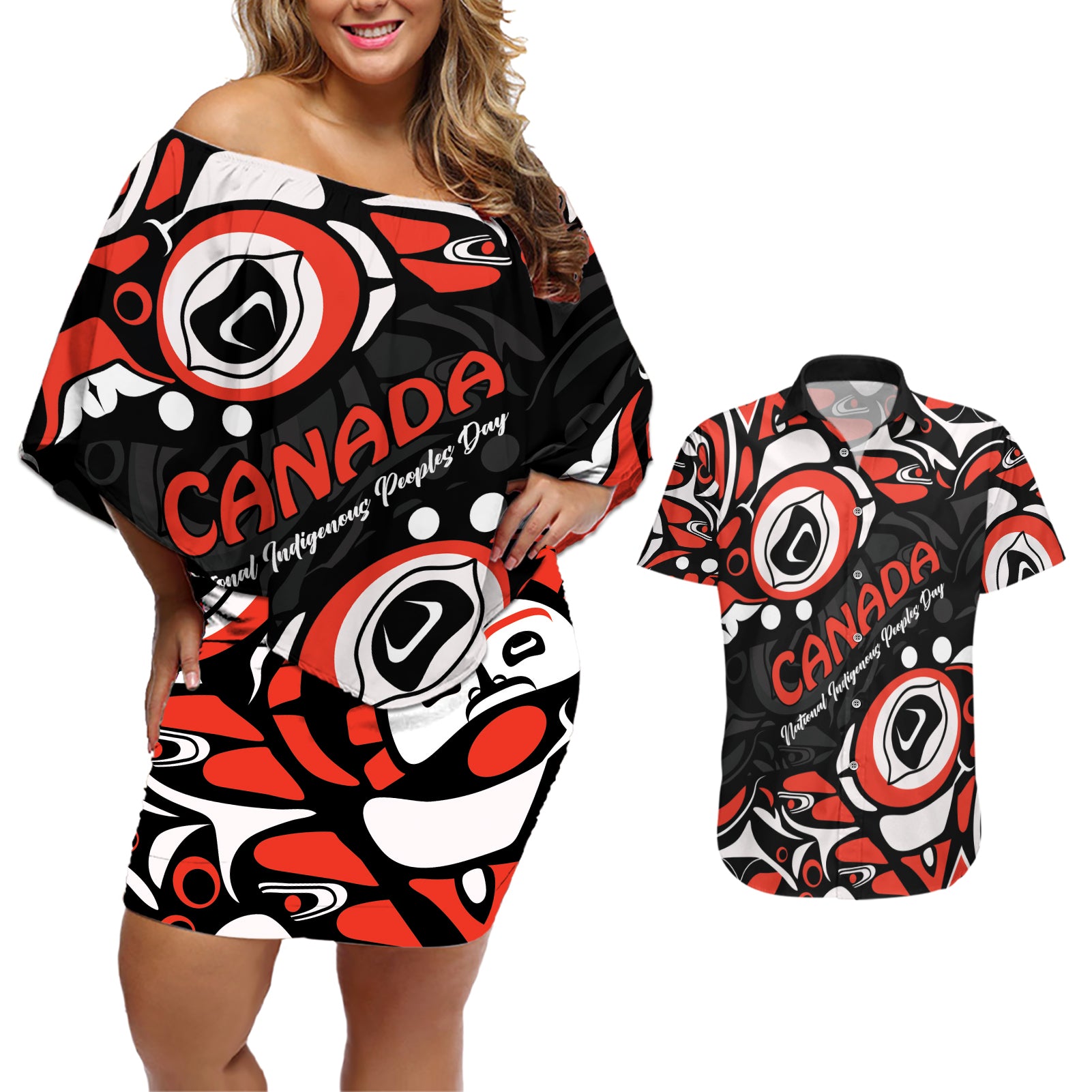 Canada National Indigenous Peoples Day 2024 Couples Matching Off Shoulder Short Dress and Hawaiian Shirt Haida Pattern - Wonder Print Shop