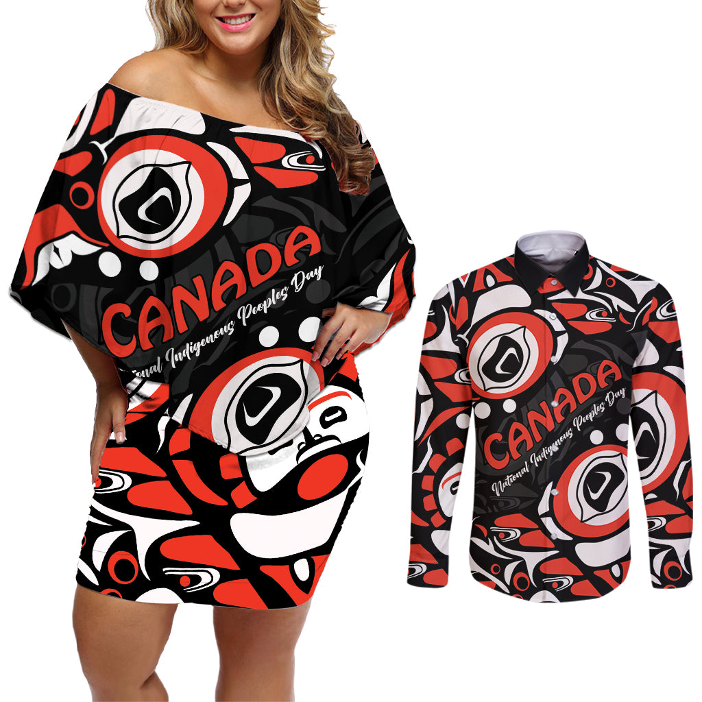 Canada National Indigenous Peoples Day 2024 Couples Matching Off Shoulder Short Dress and Long Sleeve Button Shirt Haida Pattern - Wonder Print Shop