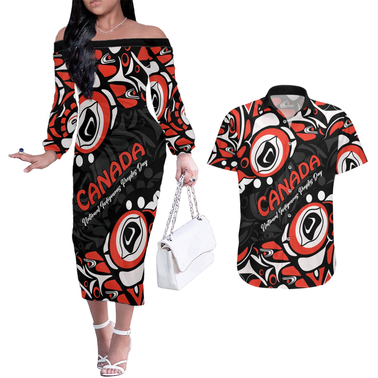 Canada National Indigenous Peoples Day 2024 Couples Matching Off The Shoulder Long Sleeve Dress and Hawaiian Shirt Haida Pattern - Wonder Print Shop