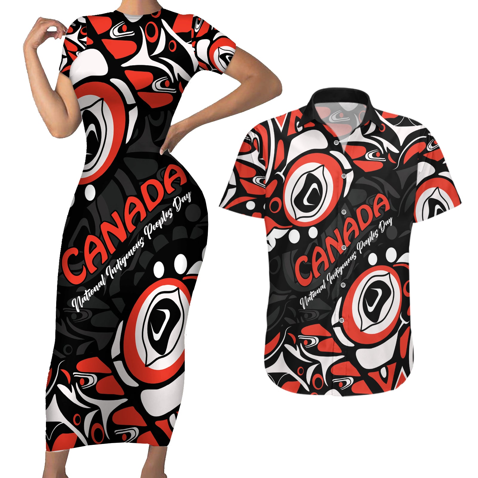 Canada National Indigenous Peoples Day 2024 Couples Matching Short Sleeve Bodycon Dress and Hawaiian Shirt Haida Pattern - Wonder Print Shop