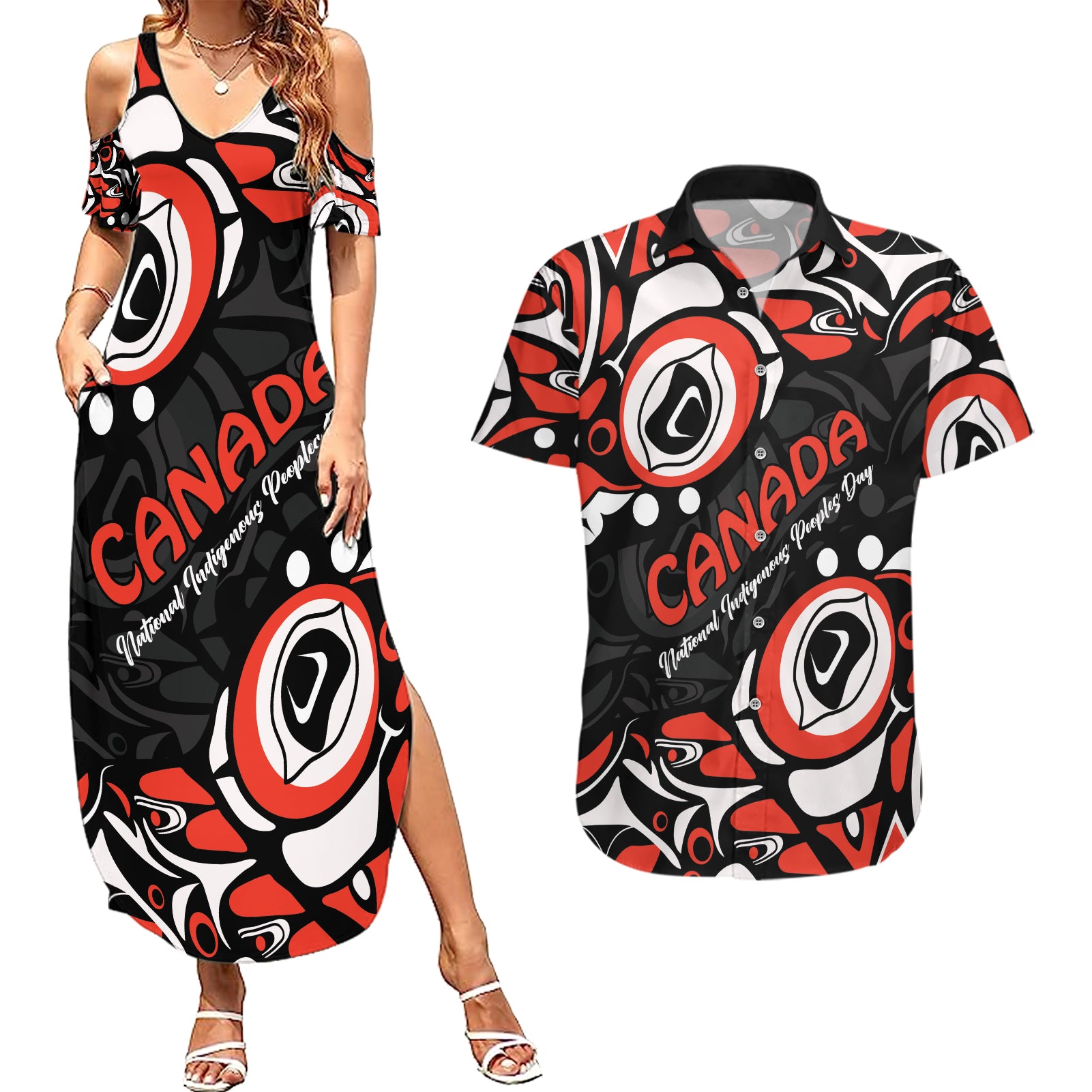 Canada National Indigenous Peoples Day 2024 Couples Matching Summer Maxi Dress and Hawaiian Shirt Haida Pattern - Wonder Print Shop