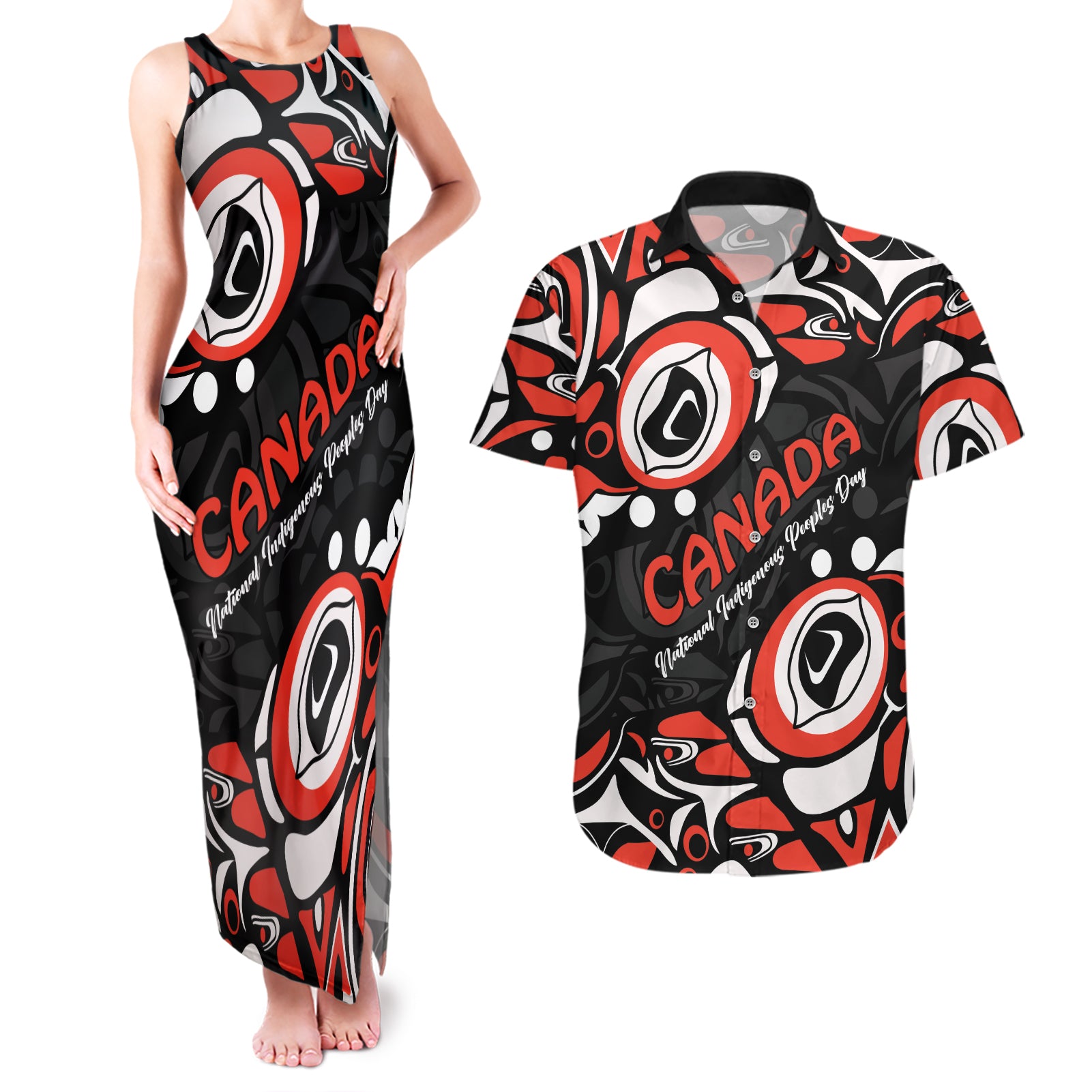 Canada National Indigenous Peoples Day 2024 Couples Matching Tank Maxi Dress and Hawaiian Shirt Haida Pattern - Wonder Print Shop