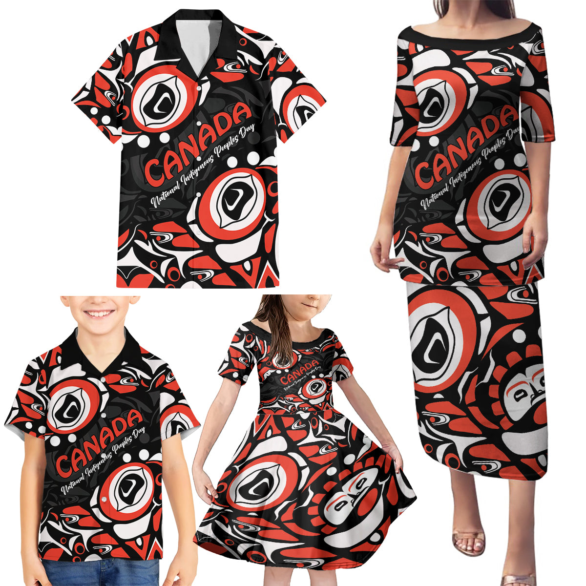 Canada National Indigenous Peoples Day 2024 Family Matching Puletasi and Hawaiian Shirt Haida Pattern - Wonder Print Shop