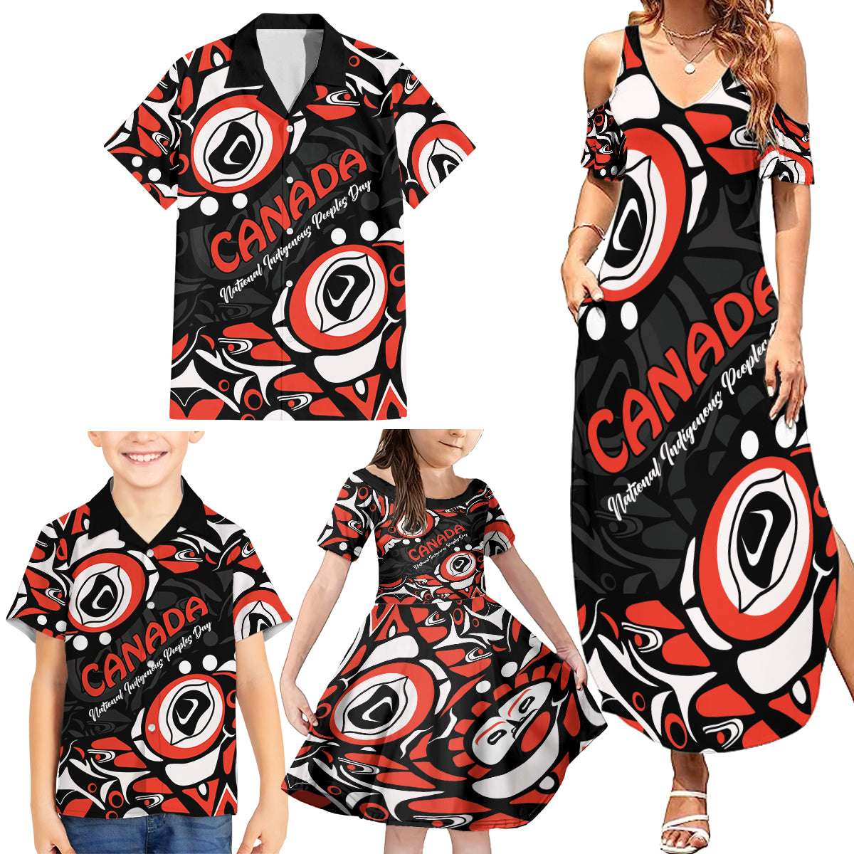 Canada National Indigenous Peoples Day 2024 Family Matching Summer Maxi Dress and Hawaiian Shirt Haida Pattern - Wonder Print Shop