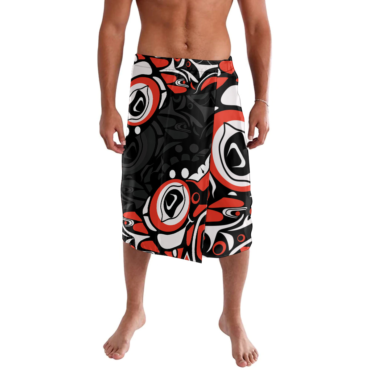 Black, red and white patterned lavalava (sarong) skirt, mid-calf length