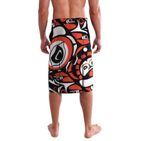 Black, red and white Haida-style patterned lavalava (sarong) skirt, straight hem