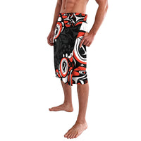 Black lavalava (sarong) skirt with red and white bold circular animal prints, mid-calf
