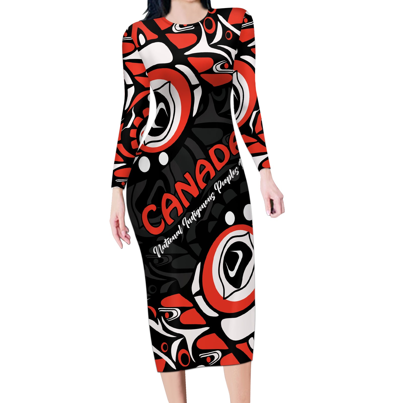 Canada National Indigenous Peoples Day 2024 Long Sleeve Bodycon Dress Haida Pattern - Wonder Print Shop