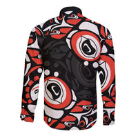 Back view long-sleeve button-up shirt with red and white circular Haida-style pattern