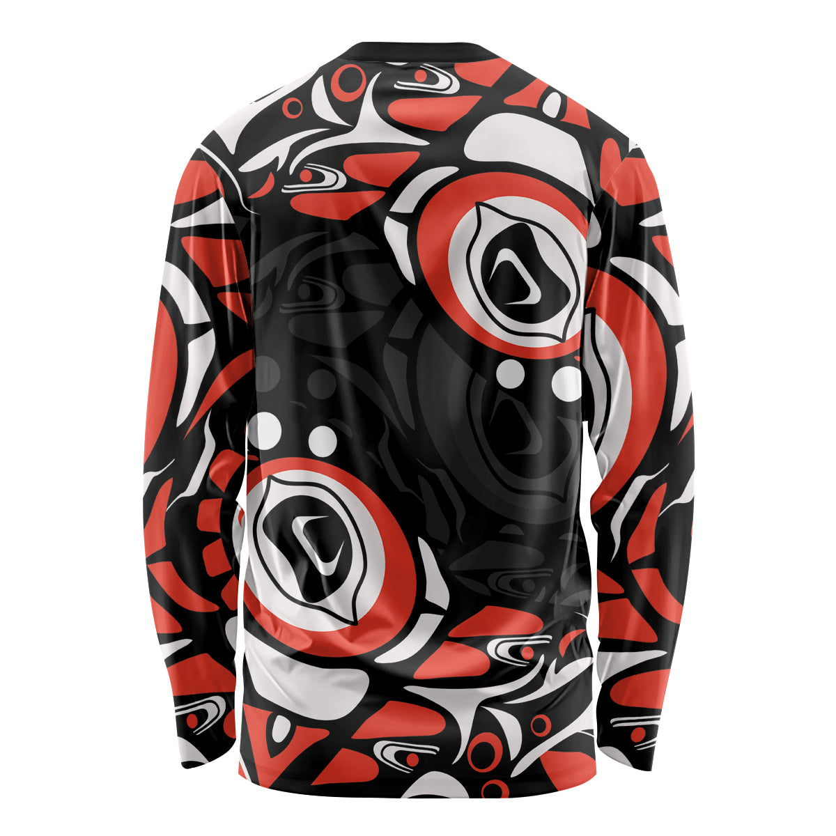 Black long-sleeve shirt with red and white Haida-style circular pattern