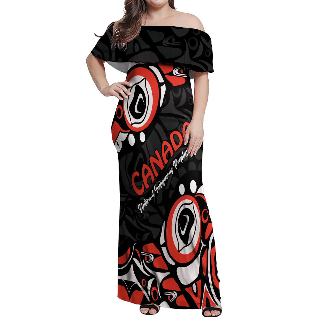 Canada National Indigenous Peoples Day 2024 Off Shoulder Maxi Dress Haida Pattern - Wonder Print Shop