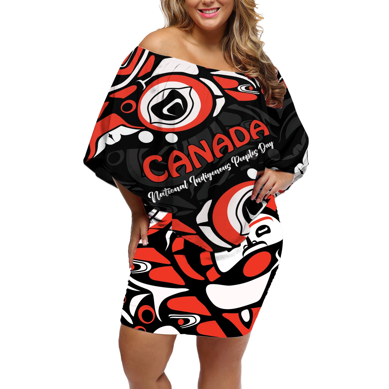 Canada National Indigenous Peoples Day 2024 Off Shoulder Short Dress Haida Pattern - Wonder Print Shop