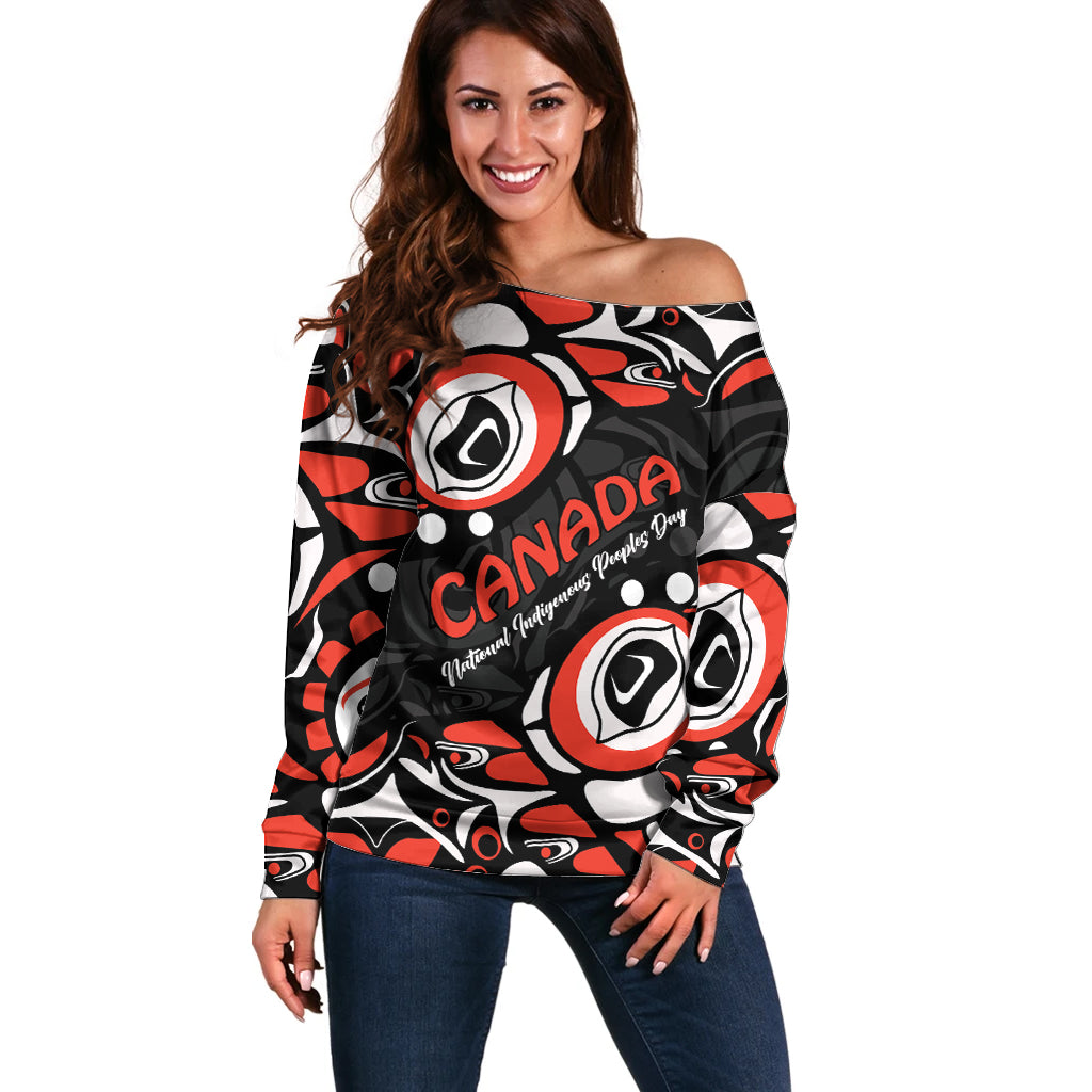 Canada National Indigenous Peoples Day 2024 Off Shoulder Sweater Haida Pattern - Wonder Print Shop